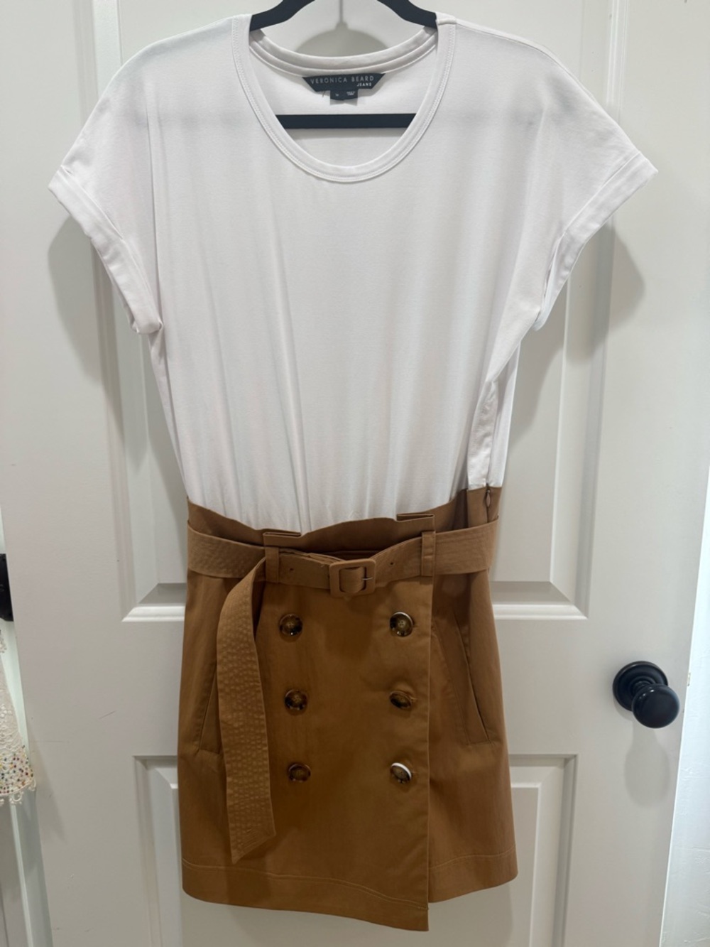 Veronica Beard Melany Mixed Media White and Tan High-Waist Belted Mini Dress - Picture 8 of 13